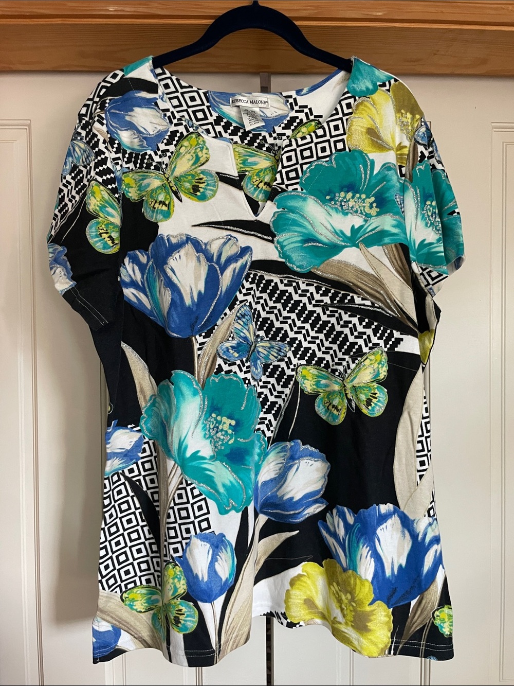 Rebecca Malone Black Tunic with Teal, Blue & Yellow Floral Print